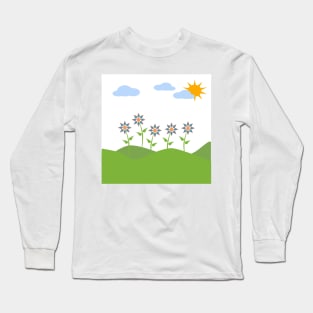 Hills, sky, sun, flowers and clouds depicting a scene of Spring Long Sleeve T-Shirt